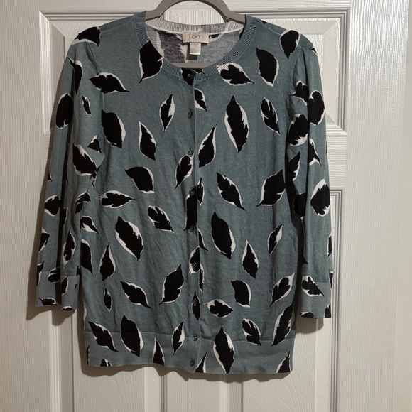 LOFT Teal and Black Leaf Print Cardigan - Picture 1 of 6